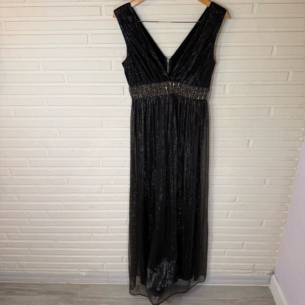 Black Metallic Silver Rhinestone Waist Band Silk Gown, Women’s Size Medium